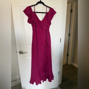 London Times Fuchsia Ruffle V-Neck Maxi Dress